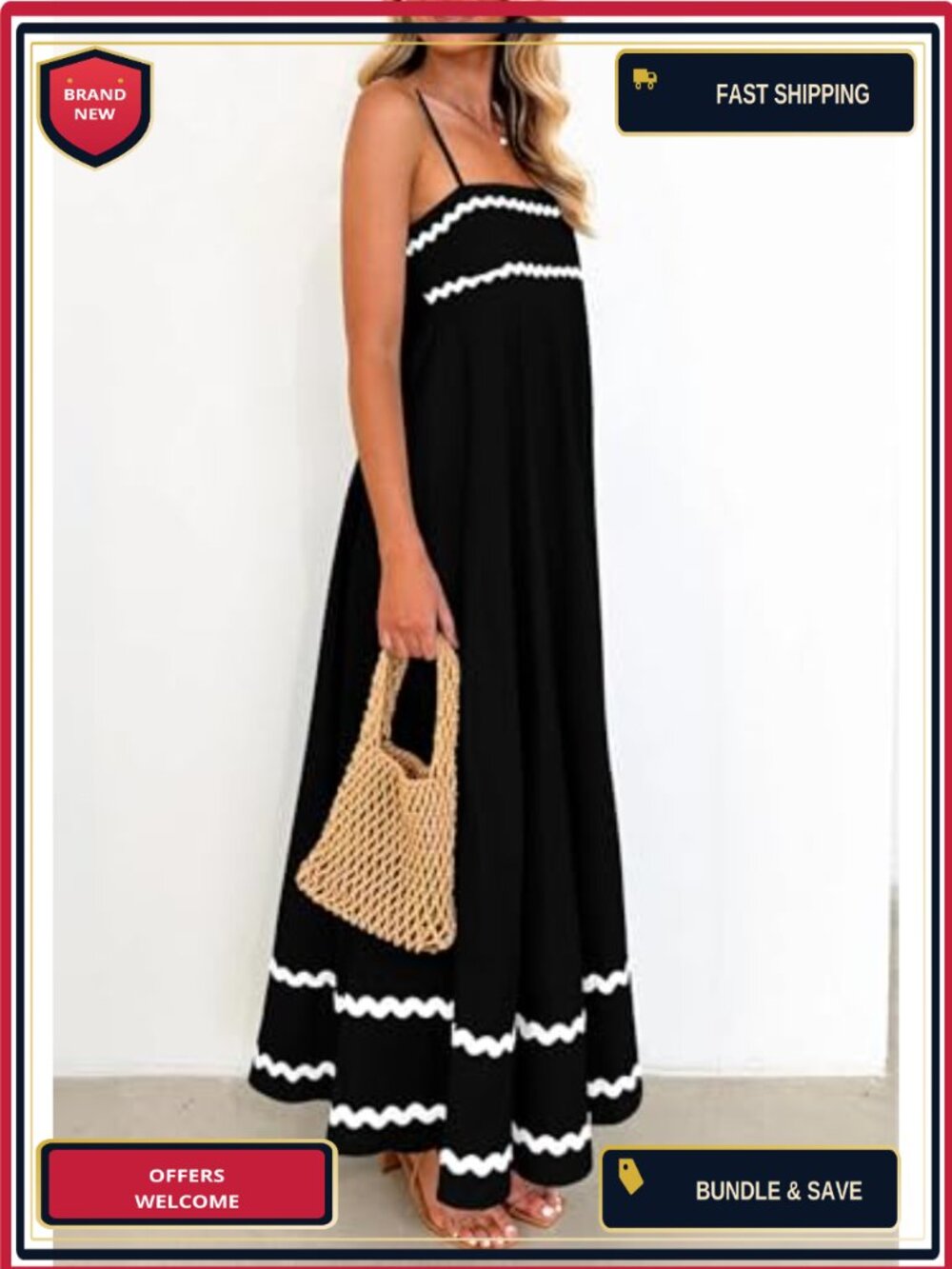 Boho Maxi Dress Sleeveless Square Neck High Waist Flowy Sundress with Pockets - Picture 2 of 6
